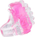 Pink and clear textured fingertip mini vibrator with stretchy strap for secure placement and targeted stimulation.