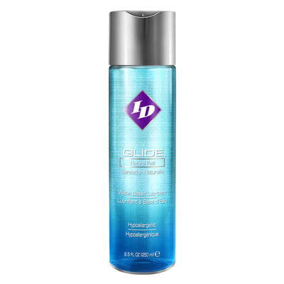 ID Glide water-based lubricant in a clear blue 8.5 fl oz bottle with silver disc cap, hypoallergenic formula.