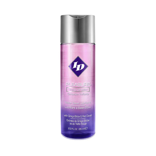 Bottle of ID Pleasure water-based lubricant with a purple gradient and silver disc cap, 2.2 oz size.