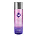 Bottle of ID Pleasure water-based lubricant with purple and pink gradient and silver disc cap.