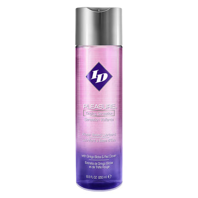 Bottle of ID Pleasure water-based lubricant with a purple to pink gradient and silver disc cap.
