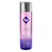 Bottle of ID Pleasure water-based lubricant with a purple to pink gradient and silver disc cap.