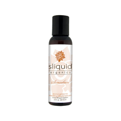 Bottle of Sliquid Organics Sensation warming intimate lubricant, 2 oz with natural ingredient labeling.