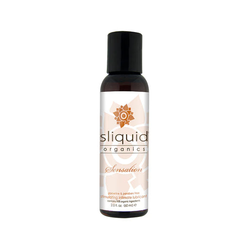 Bottle of Sliquid Organics Sensation warming intimate lubricant, 2 oz with natural ingredient labeling.