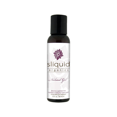 Bottle of Sliquid Organics Natural Gel intimate lubricant with white label and black cap, 2 fl. oz. size