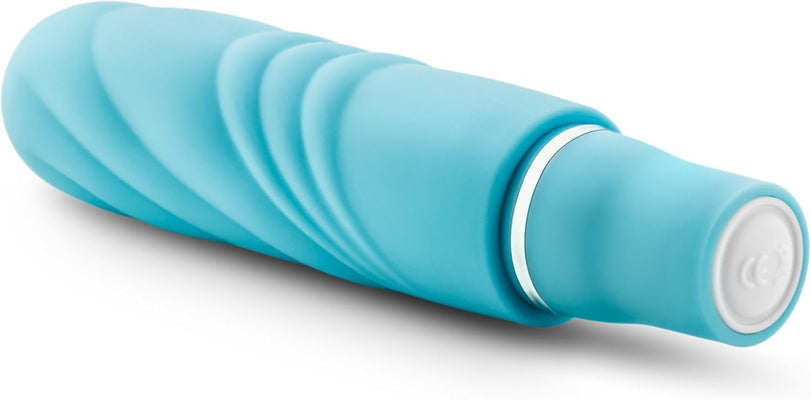 Blush Luxe Nimbus Mini Stimulator in blue silicone with a smooth, curved design and silver accent ring.
