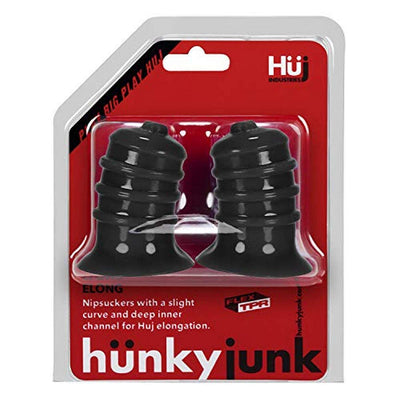 Hunkyjunk Elong wide base black nipsuckers in clear plastic packaging on red backing card.