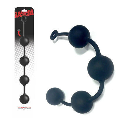 Black silicone anal balls with four graduated spheres and a ring handle, shown in packaging and loose on white background.