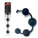 Black silicone anal balls with four graduated spheres and a ring handle, shown in packaging and loose on white background.
