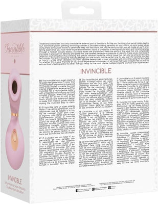 Packaging box of Shots Irresistible Invincible clitoral vibrator with product description and features in multiple languages.
