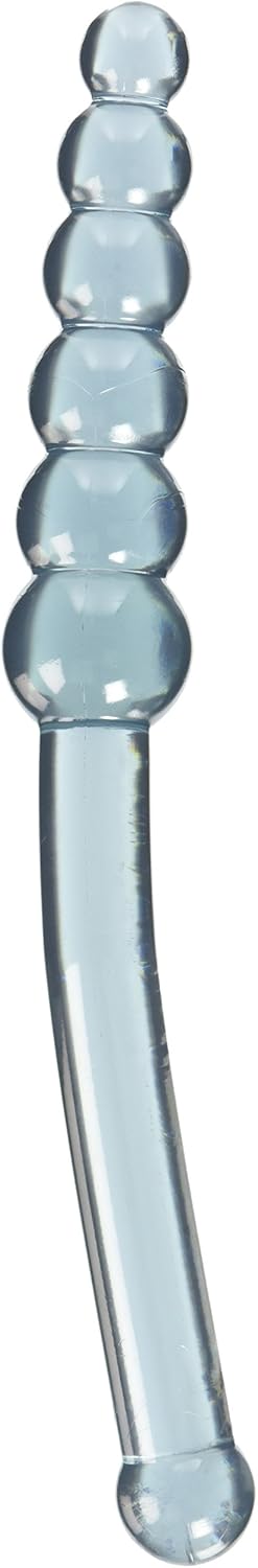Flexible translucent blue jelly anal teaser with graduated rounded beads and curved shaft design.
