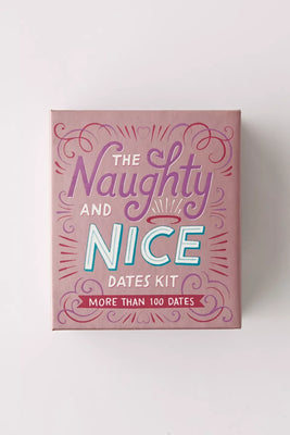 The Naughty and Nice Dates Kit box in pink with decorative lettering highlighting over 100 unique date ideas.