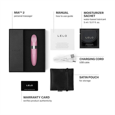 Lelo Mia 2 personal massager set with USB charging cord, satin pouch, manual, moisturizer sachet, and warranty card in black box.