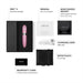 Lelo Mia 2 personal massager set with USB charging cord, satin pouch, manual, moisturizer sachet, and warranty card in black box.