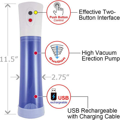 Blue Commander XL electric pump with two-button control, USB rechargeable, and high vacuum suction, measuring 11.5 by 2.75 inches.