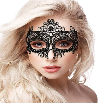 Close-up of a woman wearing an intricate black lace Venetian-inspired mask with delicate floral patterns.