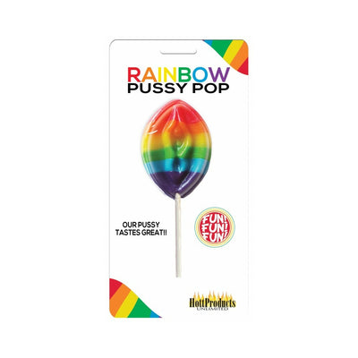 Rainbow-colored lollipop shaped candy on a white card with playful branding and rainbow accents.