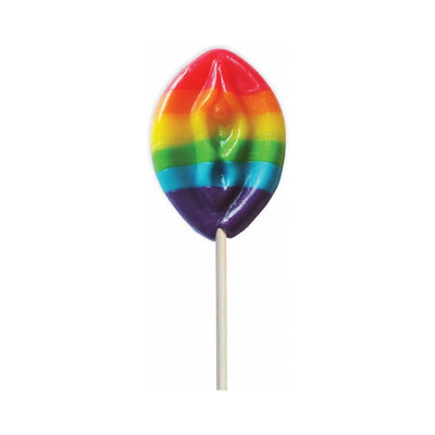 Rainbow-colored lollipop shaped with a playful, detailed design on a white stick.