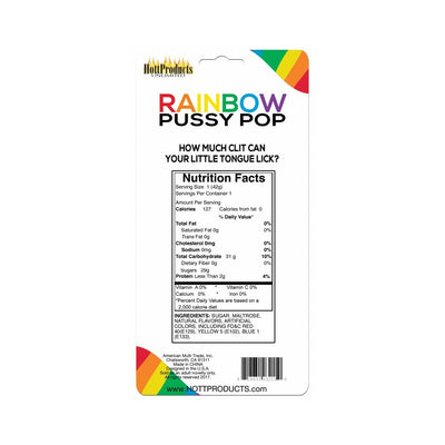 Rainbow Pussy Pop edible lollipop packaging with nutrition facts and colorful rainbow accents.