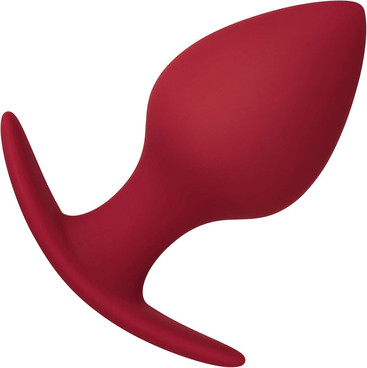 Small red silicone anal plug with a tapered tip and flared base for comfortable, secure wear.