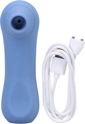 Blue silicone rechargeable suction toy with ergonomic design and white USB magnetic charging cable.