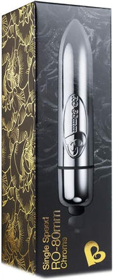 Packaging box of RO-80mm Bullet Vibe in chrome finish with gold floral design and branding details.