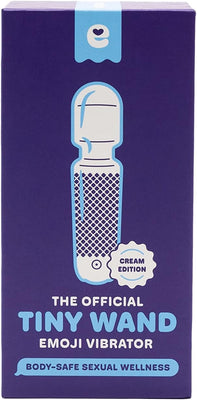 Packaging of Emojibator Tiny Wand Vibrator Cream Edition in purple box with product illustration and branding.