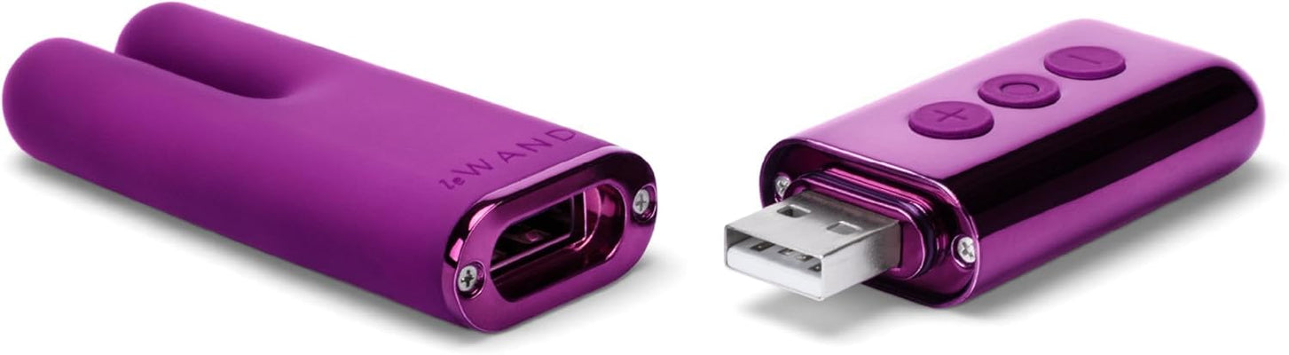 Le Wand Deux mini vibrator in purple with detachable USB rechargeable remote and silicone body.