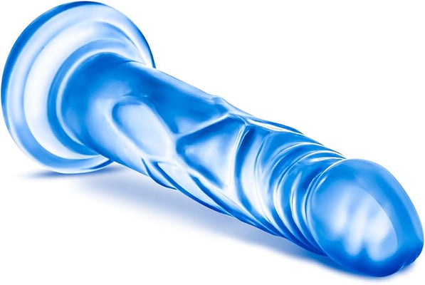 Blue realistic dildo with suction cup base designed for secure hands-free use and easy cleaning.