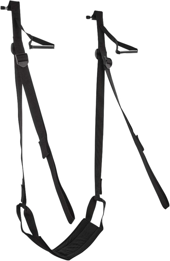 Black adjustable door-mounted sling with padded seat, foot supports, and sturdy straps for secure positioning.