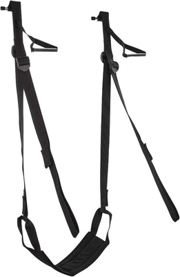 Black adjustable door-mounted sling with padded seat, foot supports, and sturdy straps for secure positioning.