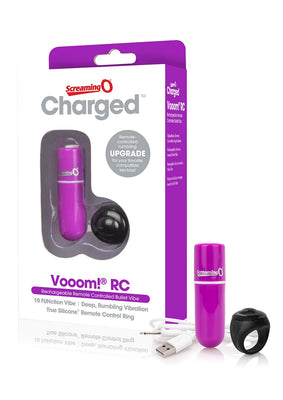 Charged Vooom remote control bullet vibrator in purple with black silicone remote ring and USB charging cable next to product packaging.