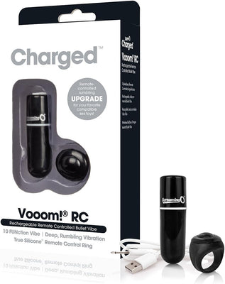 Charged Vooom remote control bullet vibrator with USB charging cable and silicone remote control ring in black packaging.