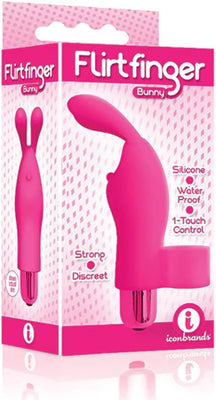 Pink silicone Flirt Finger Bunny finger vibrator with waterproof and one-touch control features in branded packaging.