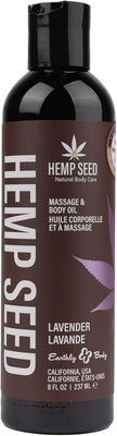 Bottle of Earthly Body Hemp Seed Lavender Massage and Body Oil, 8 oz with natural body care label