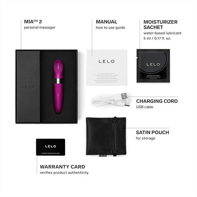 Lelo Mia 2 personal massager set with USB charging cord, satin pouch, manual, moisturizer sachet, and warranty card in black box.