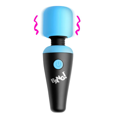 Compact black and blue mini vibrating wand with flexible neck and power button, shown with vibration motion lines.