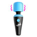 Compact black and blue mini vibrating wand with flexible neck and power button, shown with vibration motion lines.