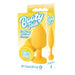 Yellow silicone butt plug with "Don't stop" message on base in bright, playful packaging labeled Booty Talk.