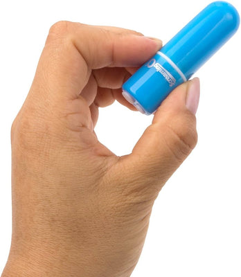Hand holding a compact blue bullet vibrator with a smooth, glossy finish.