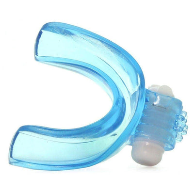 Blue translucent mouthpiece with attached small white vibrating motor for targeted oral stimulation.