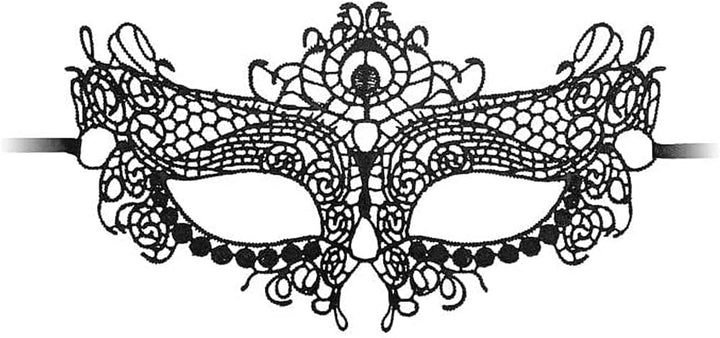 Black lace Venetian-inspired eye mask with intricate floral and swirl patterns and ribbon ties for secure fit.
