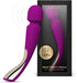 Purple silicone and metallic smart wand massager with ergonomic handle next to black packaging box.