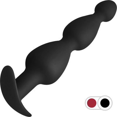 Black silicone anal plug with three graduated cone-shaped beads and a flared base for safe use.
