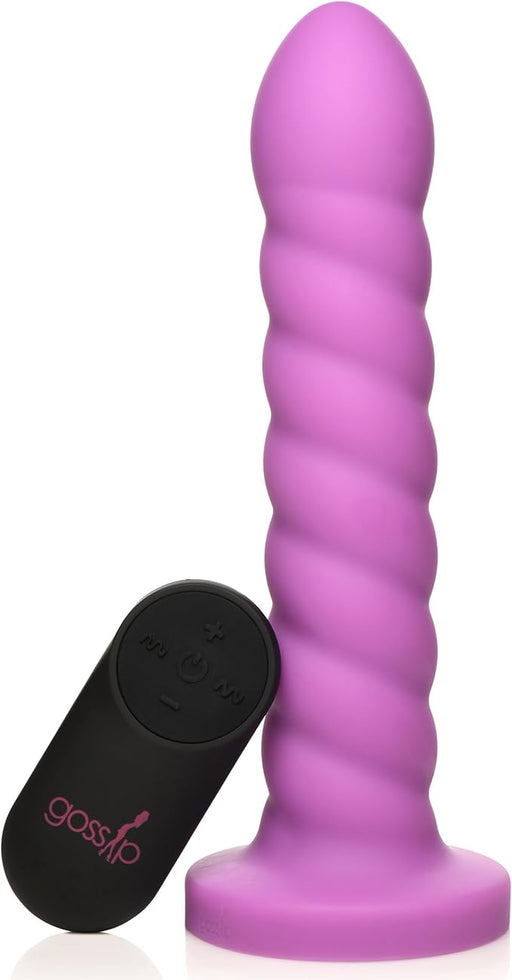 Magenta silicone swirl-textured adult toy with black remote control featuring multiple vibration settings.