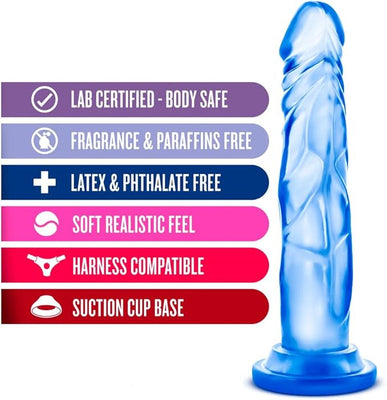 Blue translucent realistic dildo with suction cup base and text highlighting body-safe, fragrance-free, latex-free, soft feel, harness compatible features.