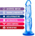 Blue translucent realistic dildo with suction cup base and text highlighting body-safe, fragrance-free, latex-free, soft feel, harness compatible features.