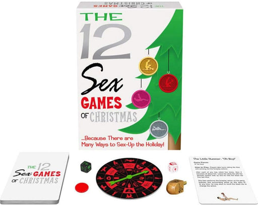 Box and components of The 12 Sex Games of Christmas party game including cards, spinner, dice, and tokens with festive design.