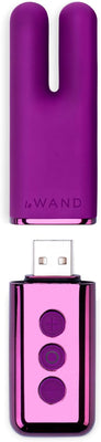 Purple Le Wand Deux mini vibrator with dual prongs and a matching USB charger with control buttons.