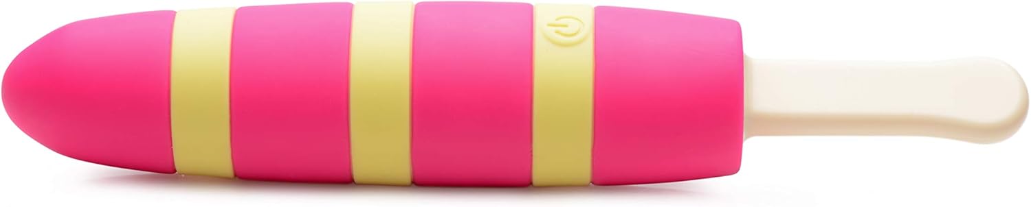 Pink and yellow striped silicone rechargeable vibrator shaped like a popsicle with a white handle and power button.